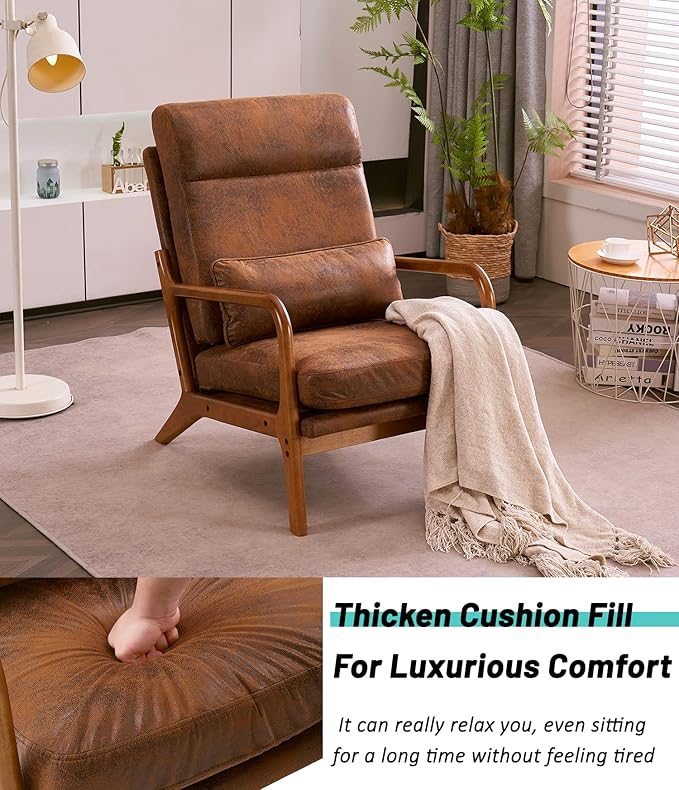 JOYBASE Lounge Accent Chair Mid Century Modern Chair High Back Chair Wood Frame Armchair Comfy Reading Chair for Living Room Office Bedroom (Coffee Brown Bronzing Cloth)