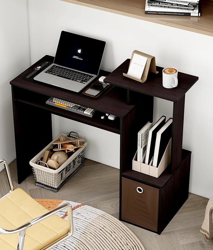 Small Computer Desk for Bedroom Home Office Desk with Drawers Storage Shelves for Living Room Study Bedroom Dark Walnut/Brown