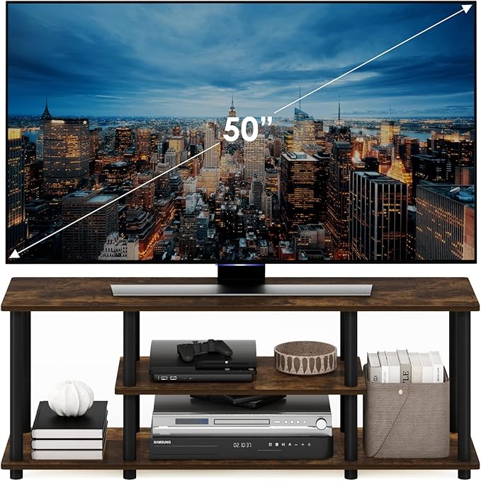 Furinno Turn-N-Tube No Tools 3D 3-Tier Entertainment Stand up to 50 inch TV Amber Pine/Black