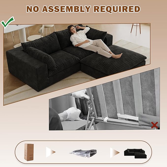 78.8 Corduroy Cloud Loveseat Sofa with Ottoman L Shaped Modular Sectional Couch with Removable Cushion No Assembly Required Deep Seat Boneless Couches for Living Room (Black &amp 1 Ottoman)