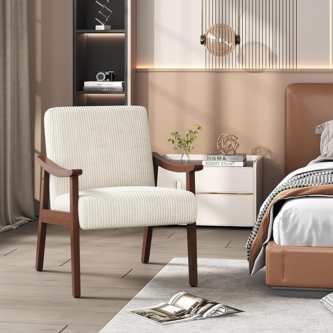Yaheetech Corduroy Accent Chair Mid-Century Modern Armchair with Solid Wood Legs Reading Leisure Chair with High Back for Living Room Bedroom Waiting Room Beige
