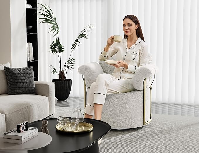 Swivel Accent Chair 360° Bouclé Barrel Chair with Sturdy Metal Frame White Round Accent Chair with Deep Seat &amp Thick Armrests Soft Reading Lounge Chair for Bedroom Living Room Office