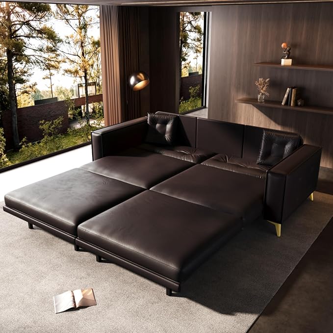 92.1 Chesterfield 3 Seater Pull Out Sofa Bed King Size with 2 Pillows and Golden Legs PU Leather 3-in-1 Convertible Sleeper Cloud Couch with Tufted Backrest Dark Brown