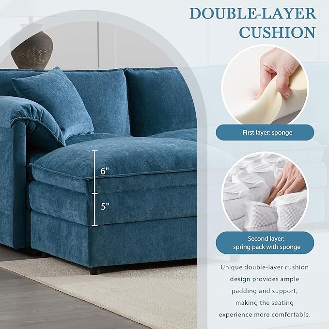 136 Chenille U-Shaped Modular Sectional Sofa with Deep and Wide SeatCloud Couch Set with Double Cushions6 Seat Sofa with Movable Ottomanfor Living Room Apartment Office (Blue#h)