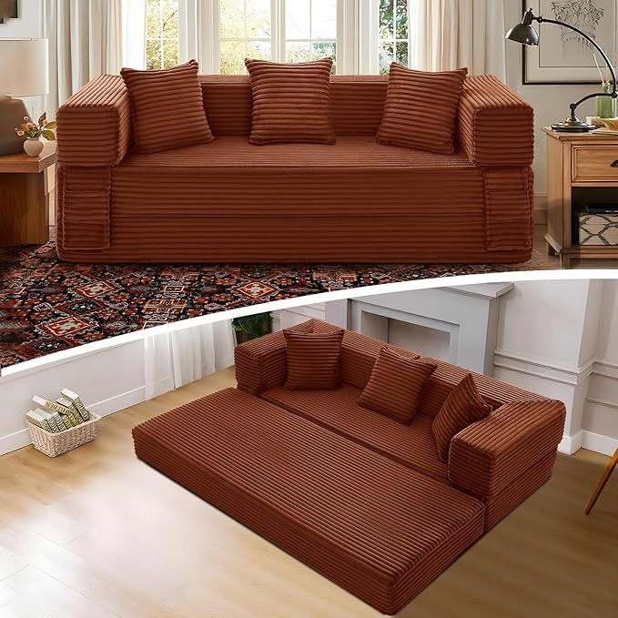 KBQ 3-Seat Convertible Sleeper Sofa Bed with 3 Pillows Boneless Sofa in a Box Corduroy Folding Mattress Couch Floor Sofa Lounge Couch for Living Room Bedroom Lounge Orange