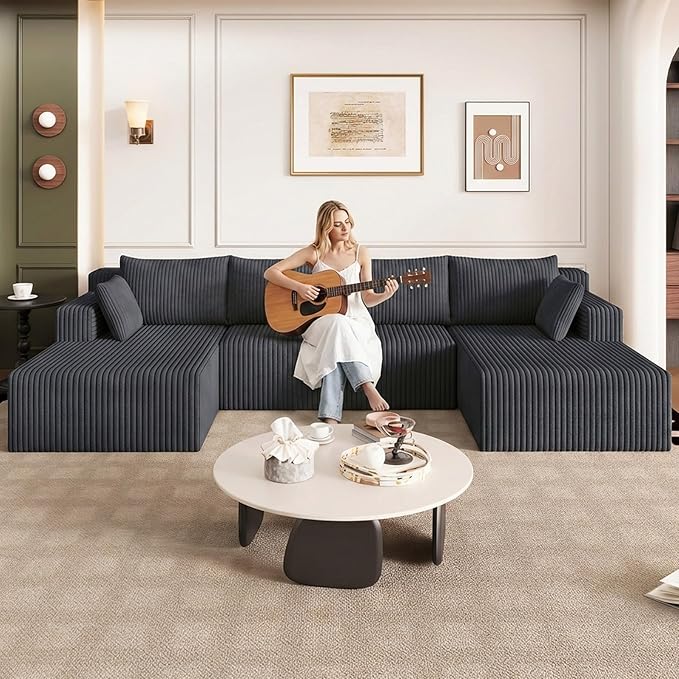 124 U-Shape Cloud Couch Modern Modular Sectional U-Shape Sofa Corduroy Upholstered Couches Deep Seat Sleeper Chaise Longue for Living Room No Assembly RequiredDark Gray