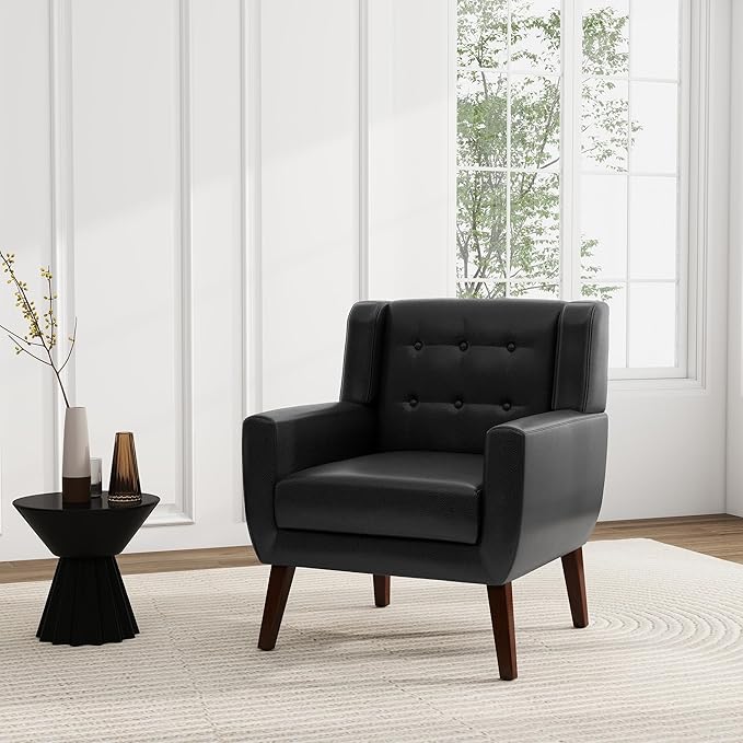 UIXE Faux Leather Accent Chair Modern Arm Club Chair Upholstered Armchair for Living Room Comfy Single Sofa Seats Button Tufted Reading Seating Black