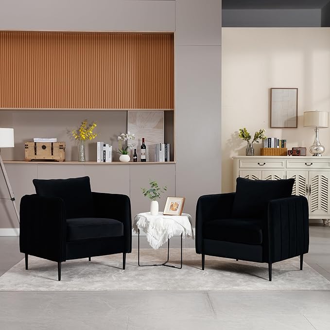 Modern Velvet Accent Chair Single Sofa Chairs Armchair with Square Arm Upholstered Accent Chairs for Living Room Bedroom Apartment (Black Chair)