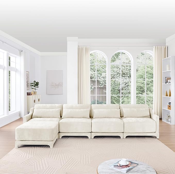 Modular Sectional Sofa Set Optional 2-4 Seater with Lumbar Pillows &amp 0-2 Ottomans Chenille Fabric Ergonomic Easy Assembly for Living Room/Bedroom/Reading Nook (4 Seat + 1 OttomanBeige)