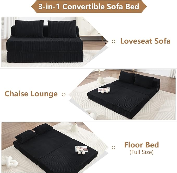 KIVENJAJA Folding Sofa Bed Full Size 3-in-1 Convertible Sleeper Sofa Corduroy Foldable Boneless Floor Futon Couch with Backrest &amp Pillows for Home Living Room Office Apartment Small Spaces Blac