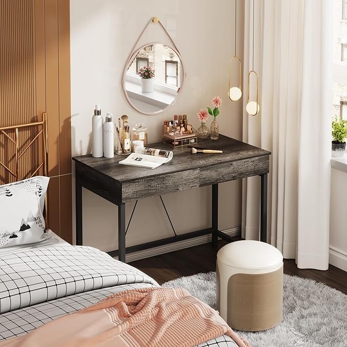 Mexin Small Desk with 2 Wooden Drawers 40 Inch Home Office Writing Desk Vanity Desk with Storage Computer Desk for Bedroom Small Spaces Table for Office Work Kids Study Makeup Gray Oak