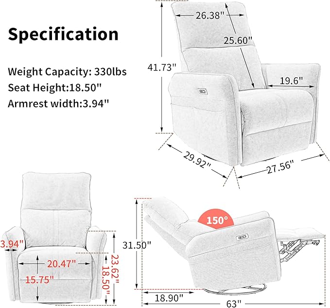 270° Power Swivel Rocker Recliner Chair for Adults – Electric Reclining Small Sofa Chair with Smooth Rocking &amp Rotation Comfortable Single Recliner for Living Room Bedroom (Blue+PU)
