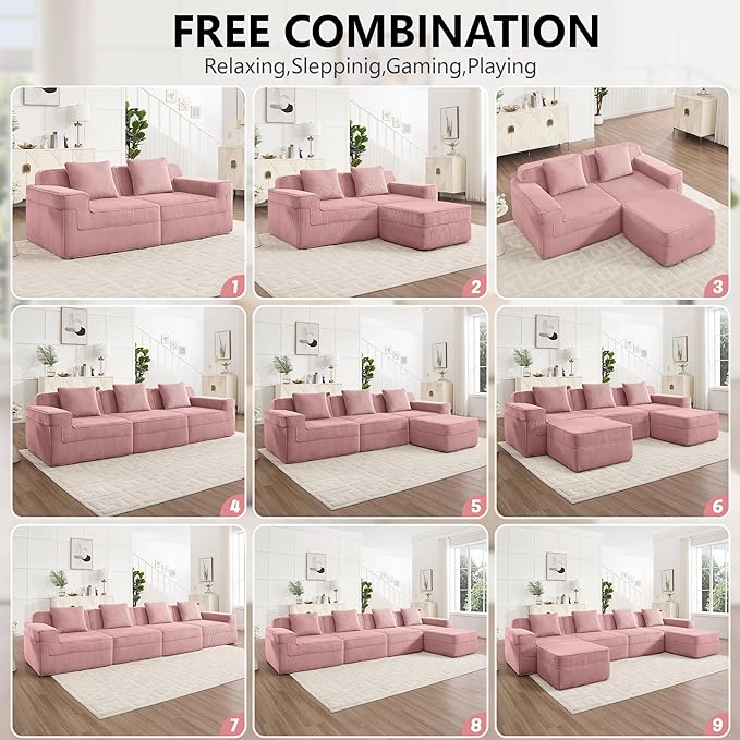 153.5 Boneless Sectional Couch for Living RoomCorduroy Cloud Sofa with Deep Seats and Wide Armrests Memory Foam Sofa 4 Seater Pink Sofa for Apartments