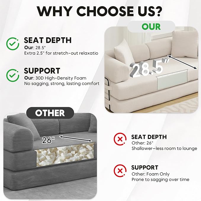 Convertible Sleeper Sofa Bed with Cylindrical Pillow Corduroy Folding Mattress Couch with Fixed-Shape Frame Floor Sofa Lounge Couch for Living Room Bedroom Lounge Studio Beige
