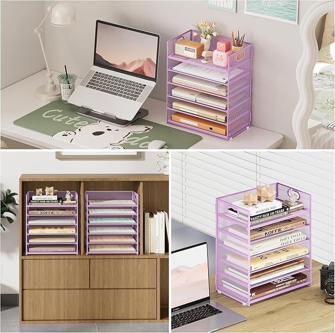 Subekyu 6-Tier Desk Paper Organizer Desktop File Letter Tray with Handle Document Sorter and Accessories Holder for Office Home and School Workspace Organizers Purple-2 Pack