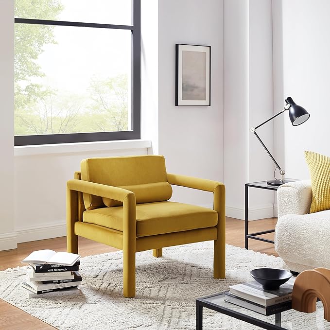 Art Leon Modern Accent Chair Velvet Upholstered Arm Chair with Pillow Single Sofa Chair for Living Room Bedroom Yellow