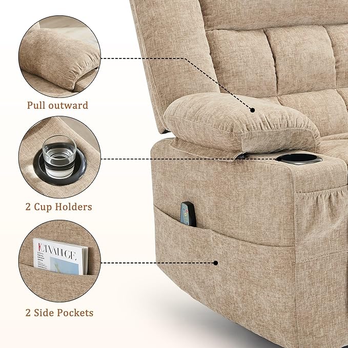 360° Rotating Adult Rocking Recliner Baby Room Glider with Massage and Heating Functions Rocking Chair with Cup Holder Manual Recliner for Living Room and Bedroom (Fabric Khaki)