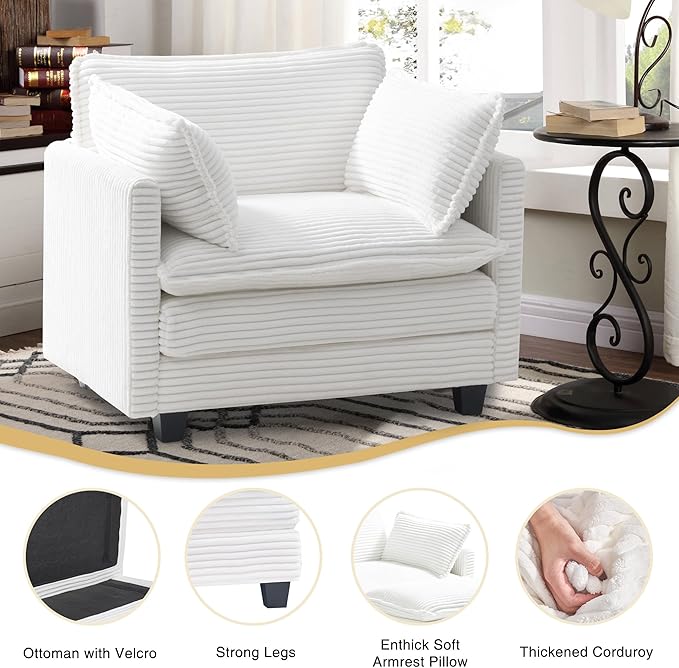 Polar Aurora Oversized Modular Sectional Sofa Chair Deep Seat Armchair Upholstered Couch 2 Armrest Pillows Single Sofa Modern Corduroy Sofa for Living Room Bedroom Apartment Office