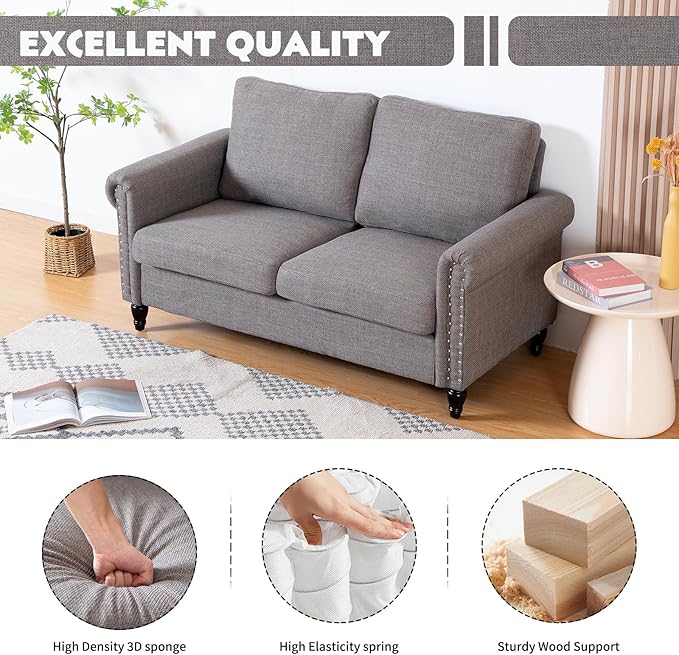 J.C.UP 57'' Loveseat Sofa CouchSmall Couches for Living Room with Linen FabricComfy Upholstered Love Seat Sofa Couches for Bedroom with Solid Wood Legs2 Seater mini Modern Couch for Small Spaces