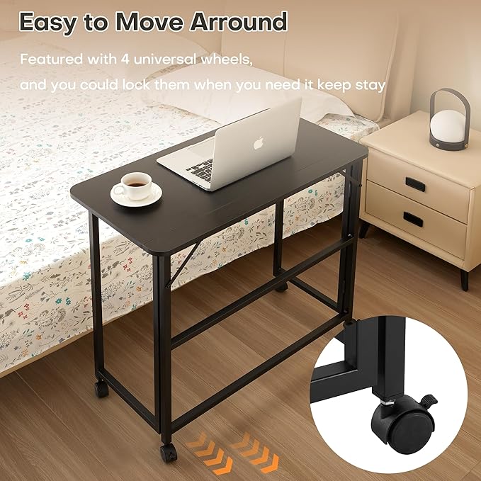 Small Folding Desk Rolling Table Portable Foldable Desk on Wheels Space Saving Computer Table Writing Workstation for Home Office Easy Assembly (Black 15.7 D x 31.5 W x 29.53 H)