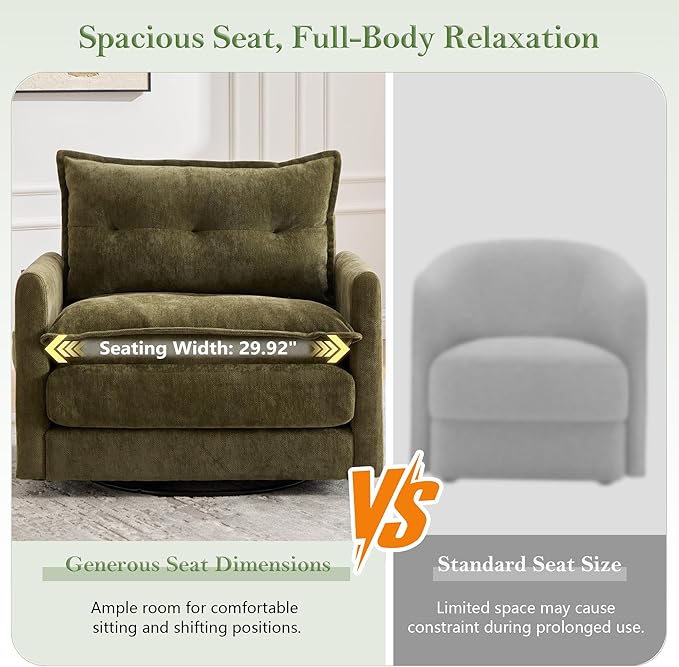 cinkehome Oversized Swivel Chair 36 Swivel Armchair Accent Chair for Living Room Mid Century Modern Thick Padded Arm Chairs Memory Foam Chenille Olive Green