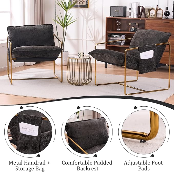 Modern Accent Chair Set of 6 Comfy Reading Armchair with Backrest and Metal Frame Upholstered Living Room Chairs for Bedroom/Office (Dark Gray Gold Legs Set of 6)