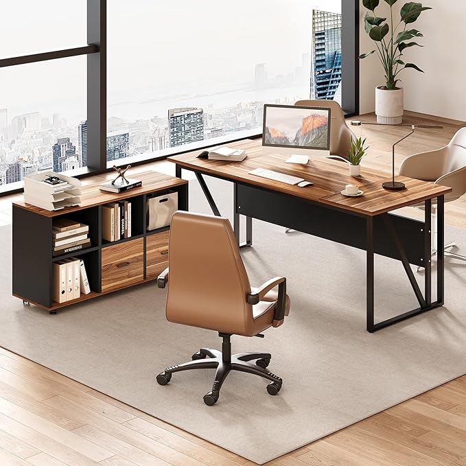 LITTLE TREE 63 Office Desk and 47 File Drawer Cabinet Large Computer Desk Study Writing Desk Workstation for Home Office