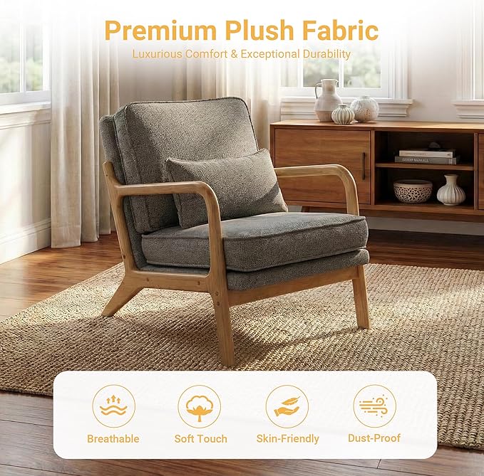 Modern Accent Chair Mid Century Wooden Upholstered Armchair with Lumbar Pillow &amp Removable Soft Cushion Reading Chair for Living Room Bedroom BalconyCoffee(Beige/Blue/Green/Grey)