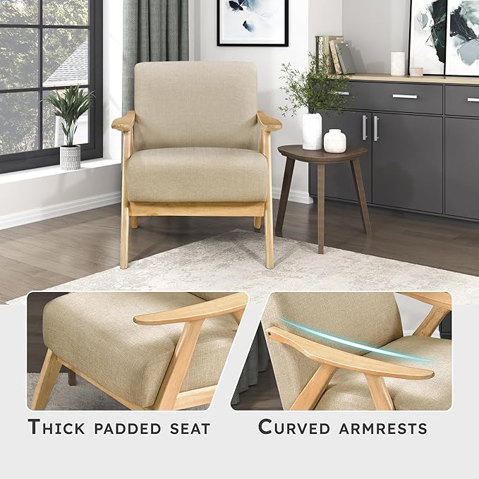 Lexicon Mid Century Modern Accent Chair with Solid Wood Frame in Natural Finish Textured Fabric Living Room Lounge Arm Chair Thick and Comfy Innerspring Seat Cushion Linen-Look Fabric Light Brown