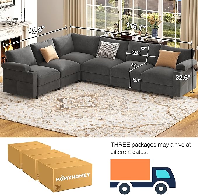 Sectional Couches for Living Room FSC Certified Velvet Modular Couch Oversized Cloud U Shaped Convertible Sleeper Sofa Chaise Detachable Armrest Cushion (Velvet Grey L Shape Corner 6 Seat)