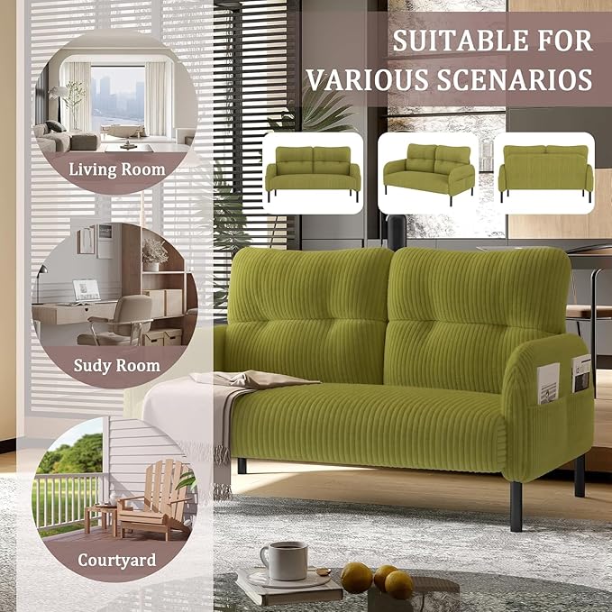 Corduroy Loveseat for Living Room &amp Bedroom - Modern 2-Seater Sofa with Storage PocketsSolid Wood Frame High-Density FoamComfortable Compact Couch for Small Spaces500 lb Capacity (Olive Green)
