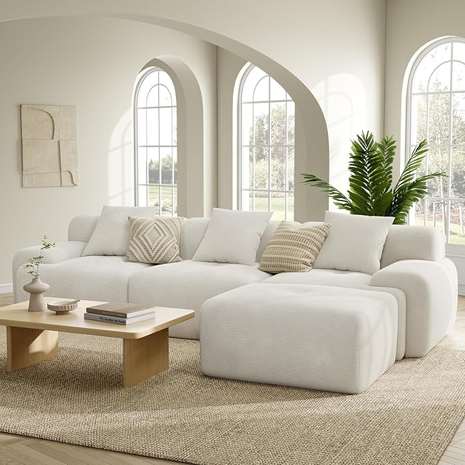 LIKIMIO 118 Modular Sectional Sofa with Ottoman L-Shaped Boneless Couch with Deep Seat for Living Room No Assembly Required Corduroy Upholstery Beige