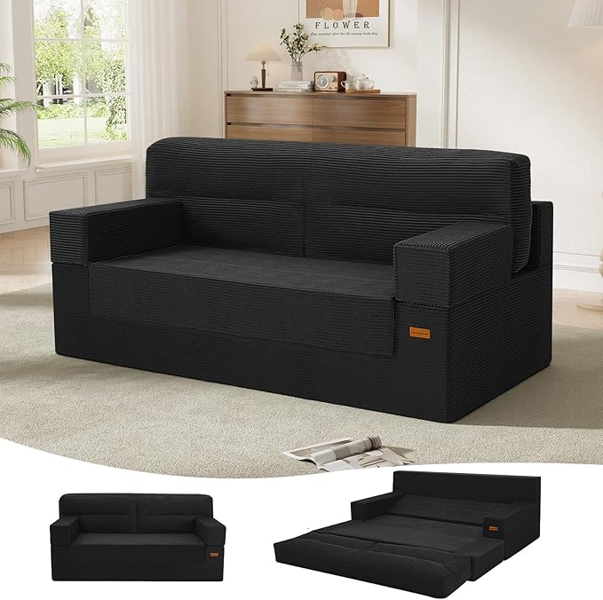 MeMoreCool Boneless Couch Convertible Sofa Bed Queen Corduroy Futon Couch Sleeper Sofa Boneless Loveseat Pull Out Couch Bed Fold Out Floor Sofa for Living Room Bedroom Apartment Black