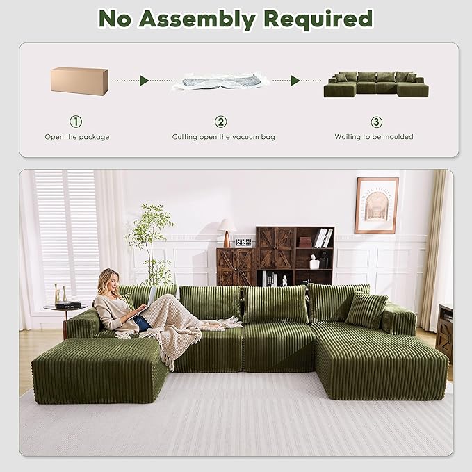 Ihanherry 139.37 Cloud Modular Sectional Couch Sofa with U-Shape Chaise and Big Ottoman with Deep Seat Upholstered Couches for Living RoomNo Assembly Required Plush Corduroy Fabric (Green)