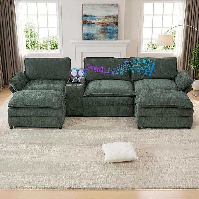 124 Cloud Couch Sectional Modular Sectional Sofa with Speakers Modern U Shaped Couches for Living Room Comfy Chenille Deep Sofas with Console Charging Station Cup Holders (Dark Green) | Easy Ass