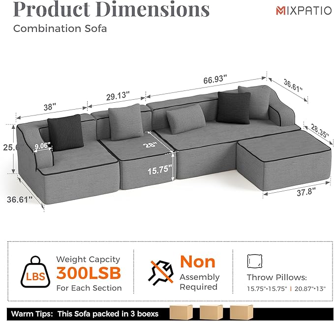 134 Cloud Boneless Sectional Couch with L-Shape Chaise Upholstered Corduroy Couch with Deep Seat No Assembly Required Compressed Sofa for Living Room Apartment Grey