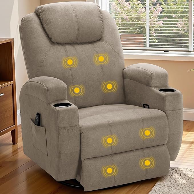 Recliner Chair 360° Swivel Rocker Chair for Adults Rocking Recliner Chair with Massage Comfy Single Sofa with Side Pockets Cup Holders for Living Room Bedroom Nursery (Fabric Khaki)