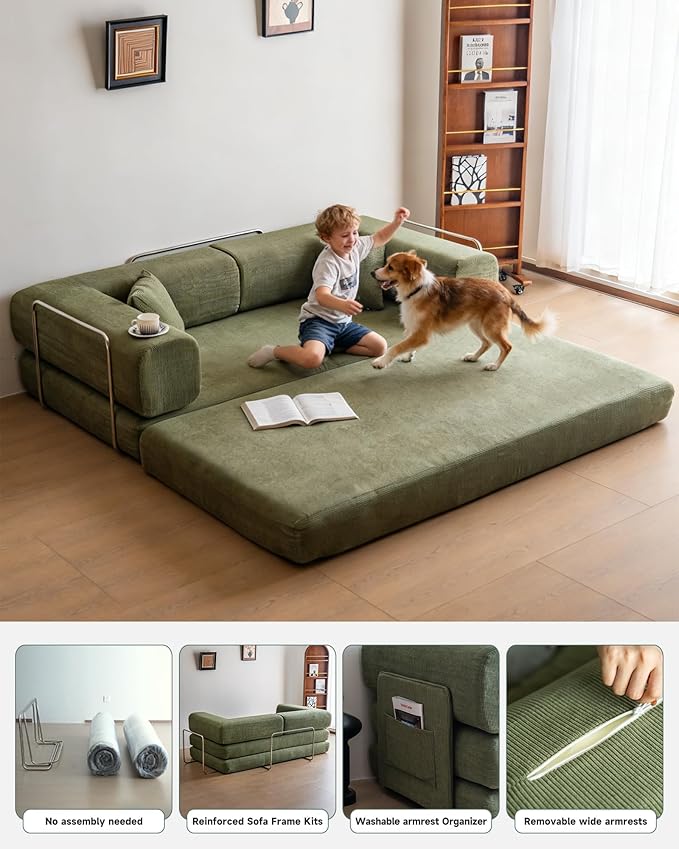 No Assembly Convertible Sofa Bed &amp 79 Boneless Couch with Pocket  5-in-1 Futon Sofa Bed with 2 Pillows Modular Pull Out Couch Bed with FrameCompression in Box for Living Room Small Spaces Green