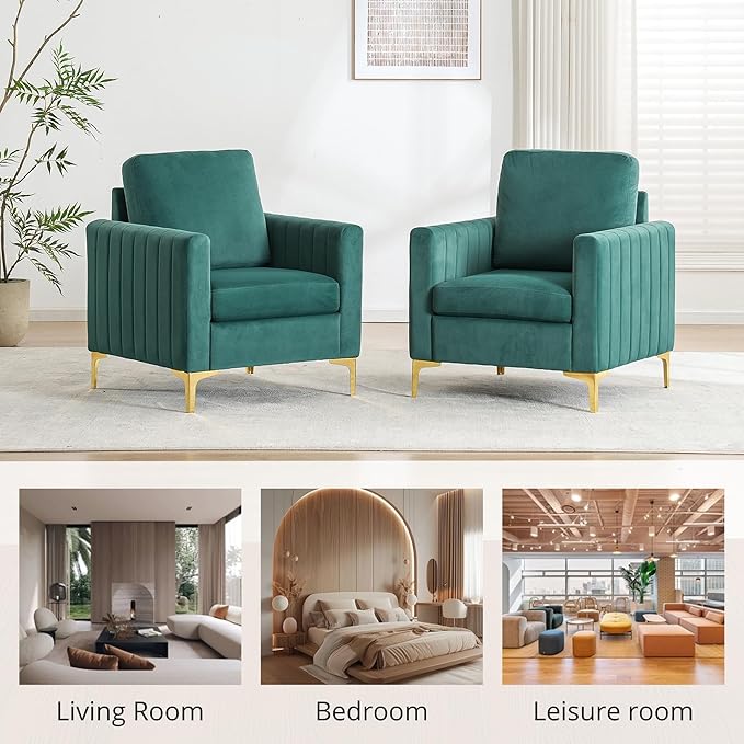 Modern Velvet Accent Chair for Living Room &amp Bedroom Comfy Reading Armchair with Gold Metal Legs (1 Green)