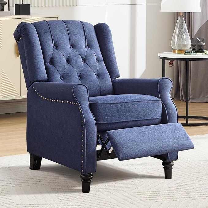 EBELLO 2 Pcs Push Back Recliner Chair Fabric Accent Chair Pushback Recliner with Rivet Decoration Button-Tufted Back Mid Century Wingback Armchair for Living Room Bedroom Blue