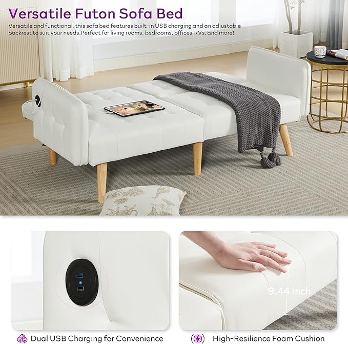 TYBOATLE Modern White Faux Leather Upholstered Convertible USB Folding Futon Sofa Bed 65 Couch Love Seats Furniture for Small Space Configuration Apartment Dorm Living Room Office