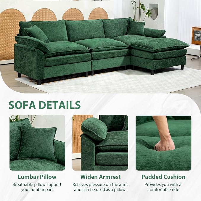 Chenille Modular Sectional Sofa 111.8'' Comfy Cloud Sofa Couch with Remove Ottoman Large L-Shaped Sofa for Living Room Extra Deep Seat Sofa with Pillows DIY Green
