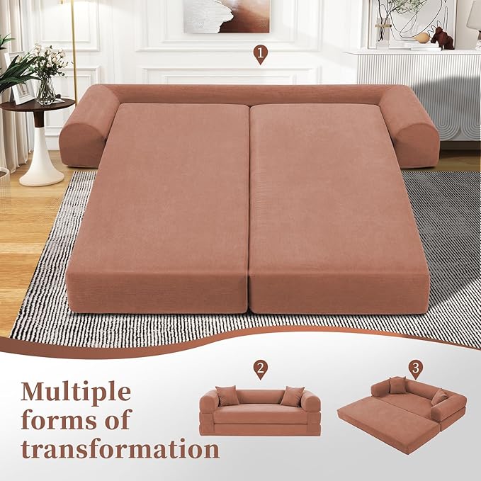 KBQ 3-Seat Convertible Sleeper Sofa Bed with 2 Pillows Corduroy Folding Mattress Couch Floor Sofa Lounge Couch for Living Room Bedroom Lounge Studio Pink
