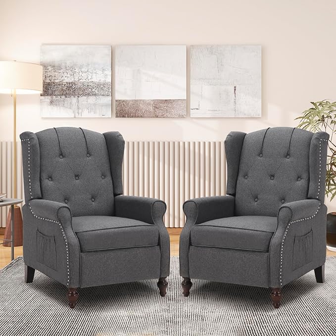 Wingback Recliner Chair with Massage and Heat Upholstered Fabric Living Room Chair Armchair with Nailhead TrimPush Back Recliner Chair with Remote ControlPadded Cushion (2 * Grey)