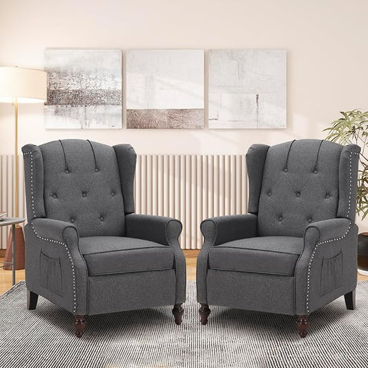 Wingback Recliner Chair with Massage and Heat Upholstered Fabric Living Room Chair Armchair with Nailhead TrimPush Back Recliner Chair with Remote ControlPadded Cushion (2 * Grey)