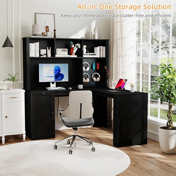 L Shaped Desk with Hutch Drawer Modern Computer Desk with USB Ports &amp Power Outlets Wood Corner Computer Desks with Storage Shelves for Home Office Black