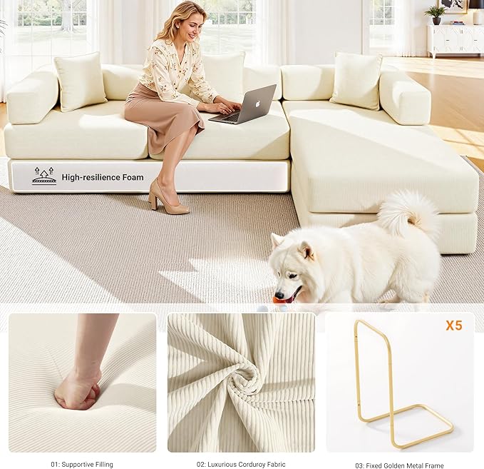 108'' Modular Sectional Sofa Bed Convertible Folding Sofa Bed with Removable Backres Boneless Cloud Couch with Deep Seat Modern Fold-Out Futon Couch Bed for Living Room No Assembly RequiredBeige