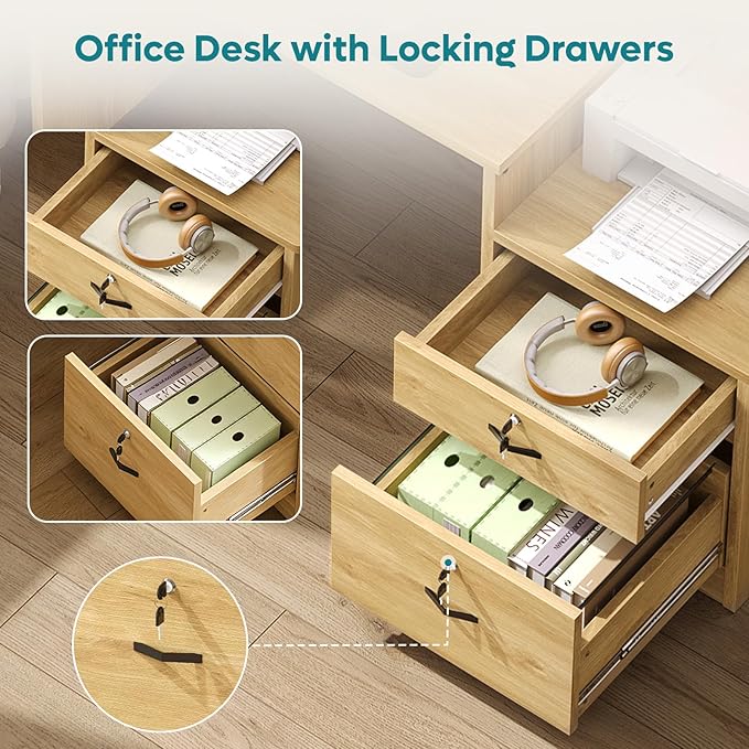 Bestier 55 Computer Desk with Power Outlets &amp LED Lights Home Office Desk with Lockable File Drawer &amp Printer Shelf Monitor Stand Modern Workstation for Gaming Study Natural Oak