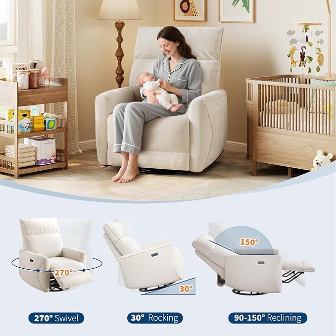 IDEALHOUSE Swivel Rocking Nursery Recliner Chair Rocker Recliner Glider Deep Seat PU Leather Sofa Chair with high Backrest for Nursery Living Room Bedroom &amp Home Movie Theater (Cream)