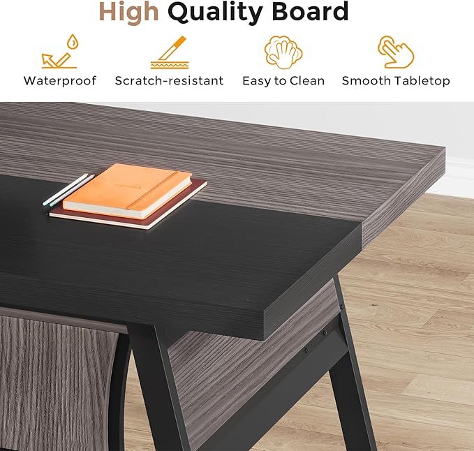 63-inch Executive Desk with Storage Shelf Large Home Office Desk with Metal Frame &amp LED Light Long Computer Desks for Home Office Gray and Black